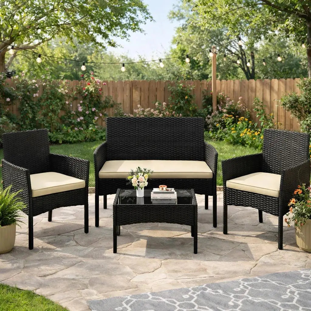 4-Piece Outdoor Rattan Sofa Set with Coffee Table