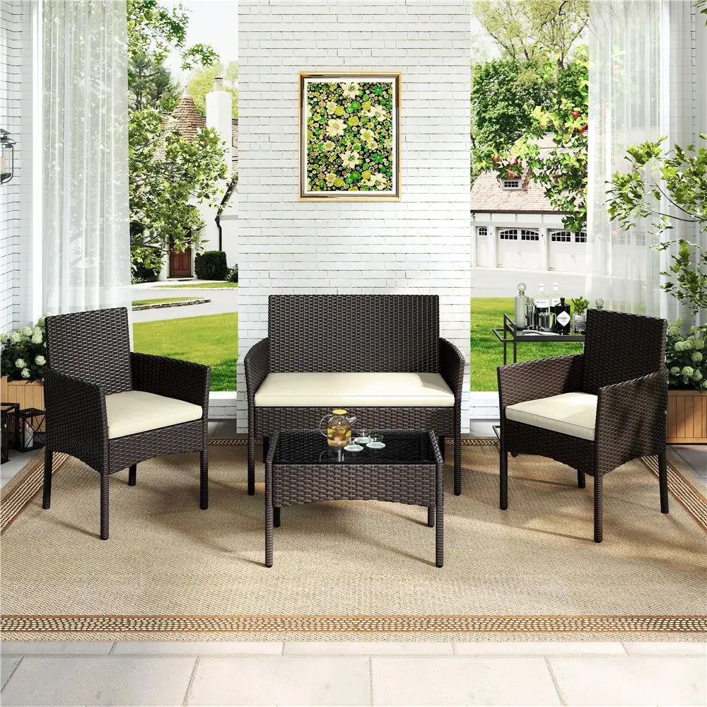 4-Piece Outdoor Rattan Sofa Set with Coffee Table