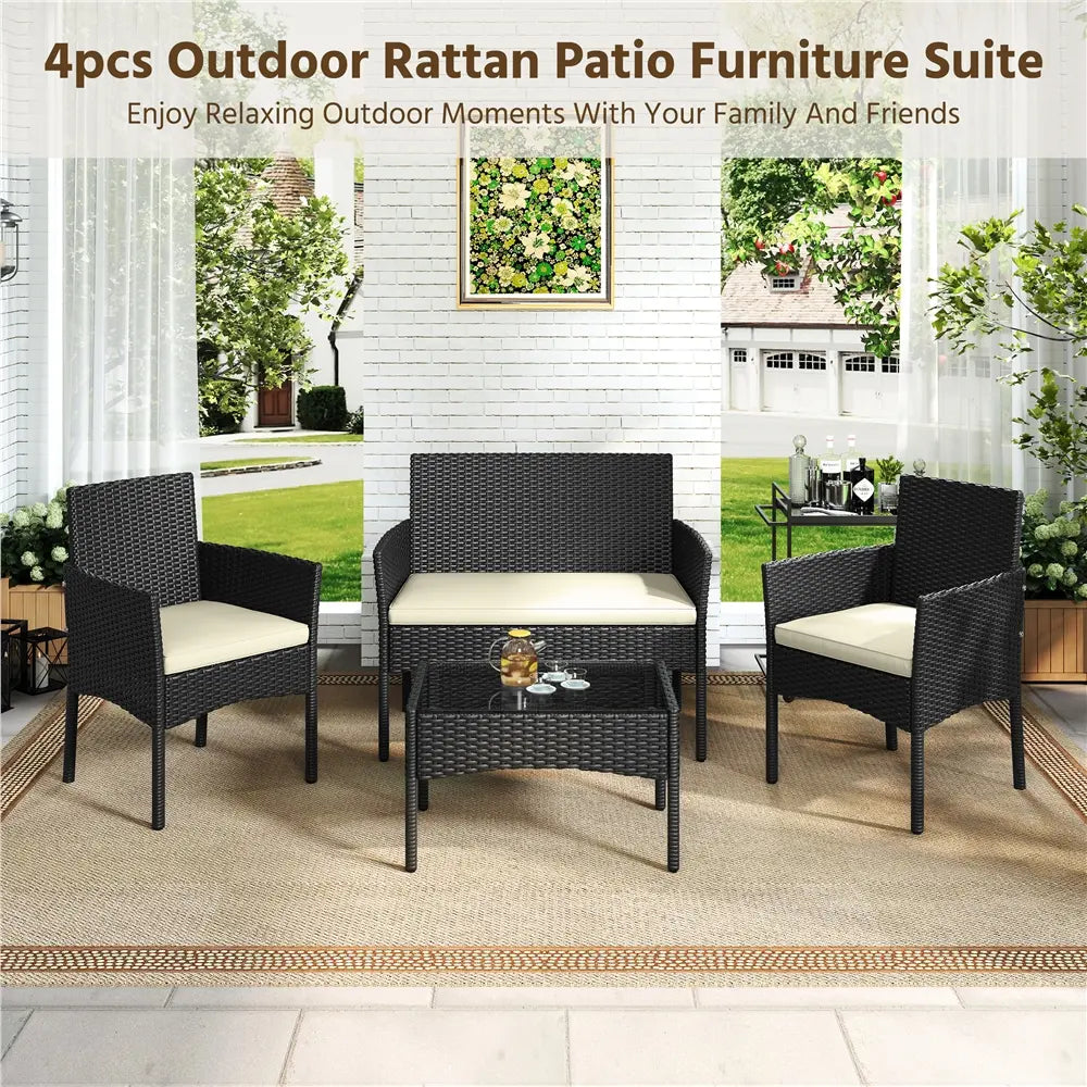 4-Piece Outdoor Rattan Sofa Set with Coffee Table