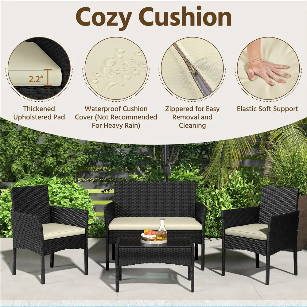 4-Piece Outdoor Rattan Sofa Set with Coffee Table